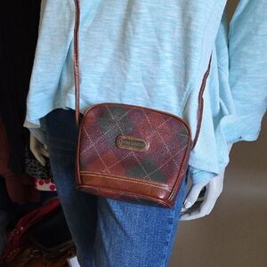 Carryland Brown and Green Plaid Leather Crossbody Bag with Adjustable Strap
